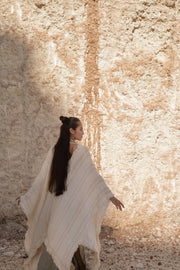Saya Shawl in Loom-Woven Cotton with Unique Texture and Fringed Edges, Unisex and Versatile for Elegance and Warmth.